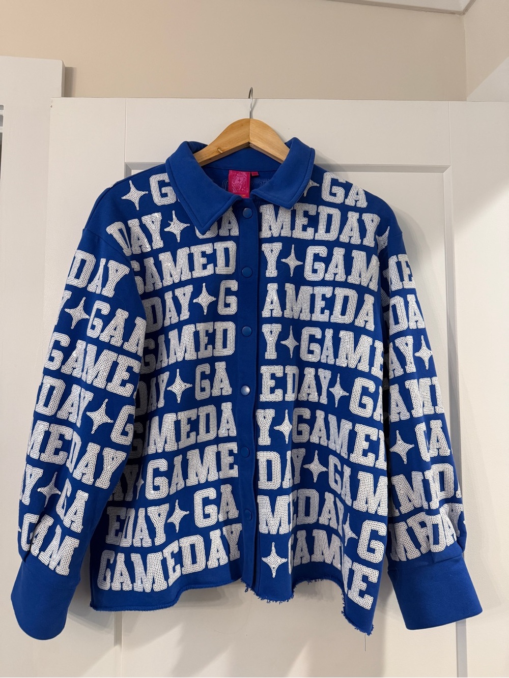 QUEEN OF SPARKLES Blue and White Gameday Button-Down Shirt